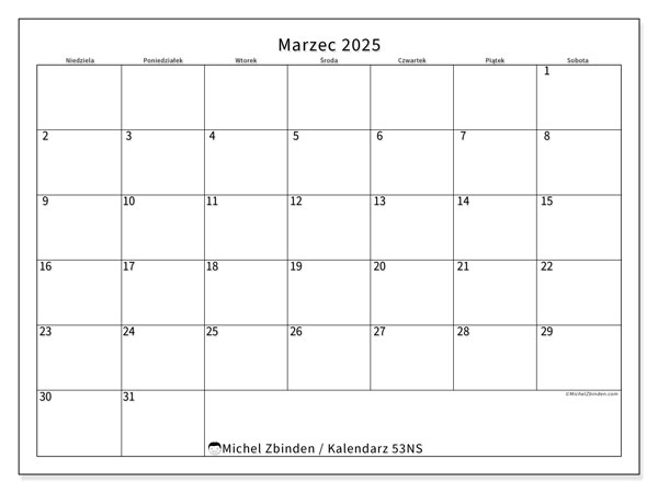 Kalendarz marzec 2025 “53”. Darmowy plan do druku.. Od niedzieli do soboty