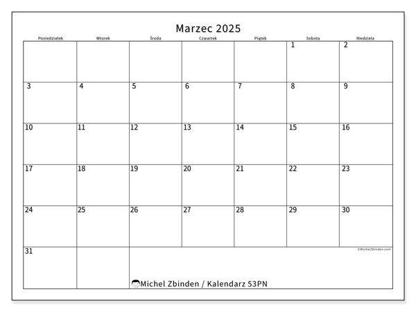 Kalendarz marzec 2025 “53”. Darmowy terminarz do druku.. Od poniedziałku do niedzieli