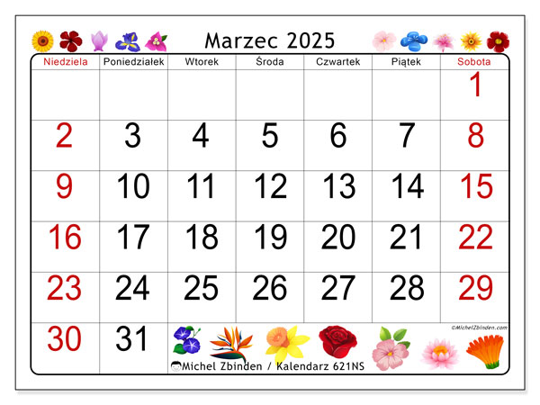 Kalendarz marzec 2025 “621”. Darmowy program do druku.. Od niedzieli do soboty