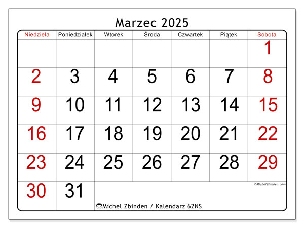 Kalendarz marzec 2025, 62NS. Darmowy kalendarz do druku.