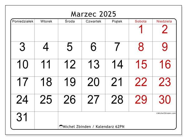 Kalendarz marzec 2025 “62”. Darmowy terminarz do druku.. Od poniedziałku do niedzieli
