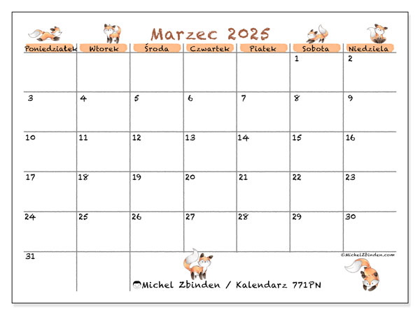 Kalendarz marzec 2025 “771”. Darmowy kalendarz do druku.. Od poniedziałku do niedzieli