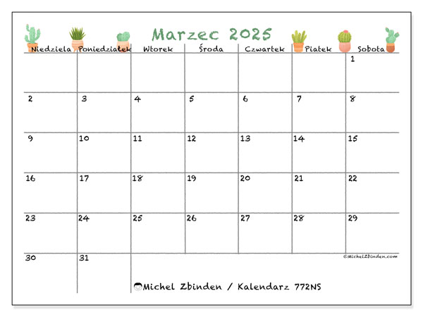 Kalendarz marzec 2025 “772”. Darmowy dziennik do druku.. Od niedzieli do soboty