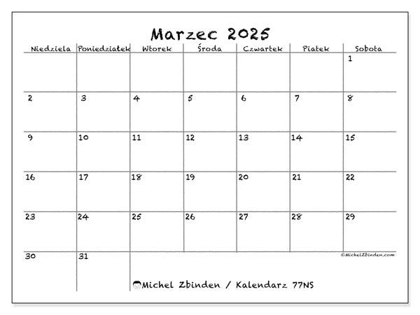 Kalendarz marzec 2025 “77”. Darmowy terminarz do druku.. Od niedzieli do soboty