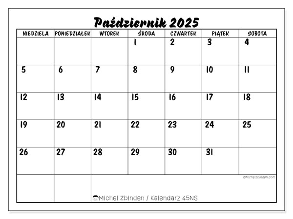 Kalendarz do druku, październik 2025, 45NS