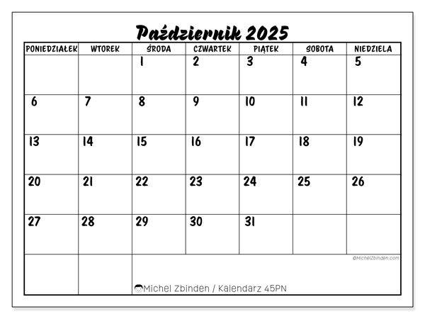 Kalendarz do druku, październik 2025, 45PN