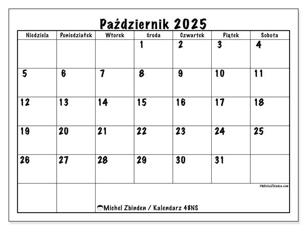 Kalendarz do druku, październik 2025, 48NS