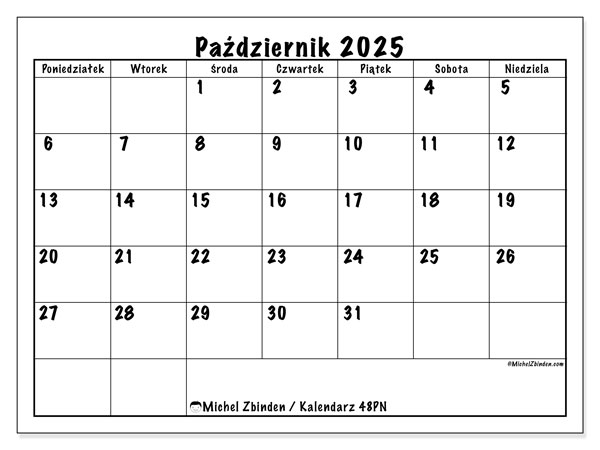 Kalendarz do druku, październik 2025, 48PN