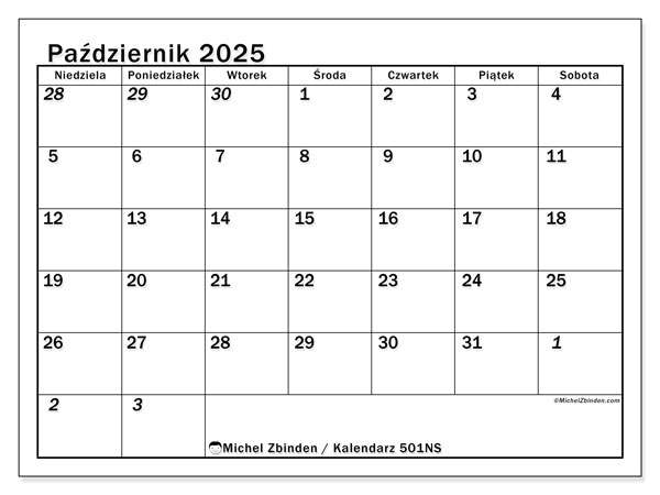 Kalendarz do druku, październik 2025, 501NS