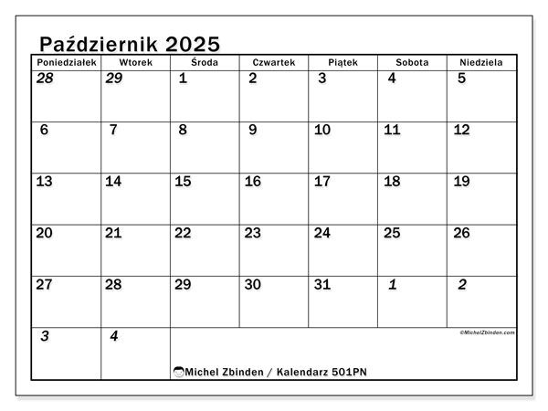 Kalendarz do druku, październik 2025, 501PN