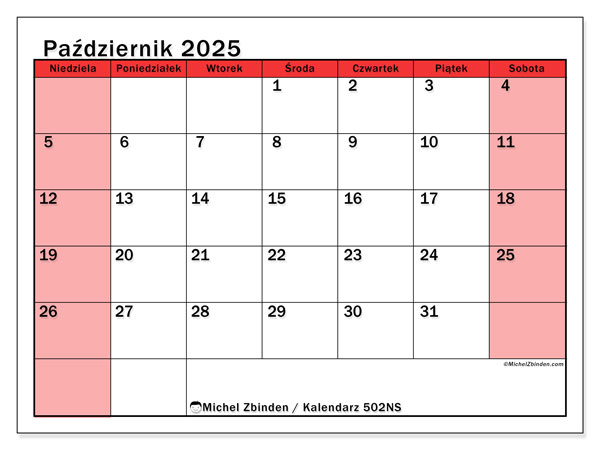 Kalendarz do druku, październik 2025, 502NS