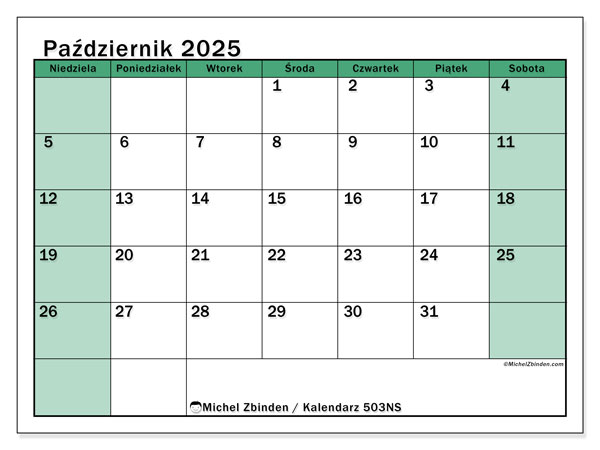 Kalendarz do druku, październik 2025, 503NS