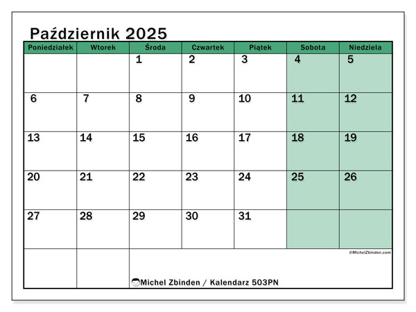 Kalendarz do druku, październik 2025, 503PN