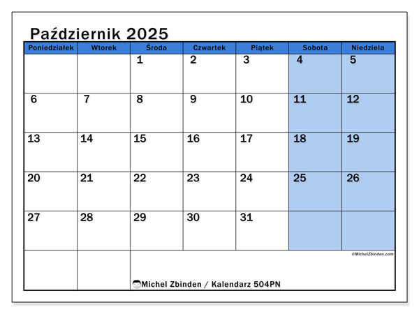 Kalendarz do druku, październik 2025, 504PN