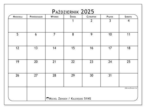 Kalendarz do druku, październik 2025, 51NS