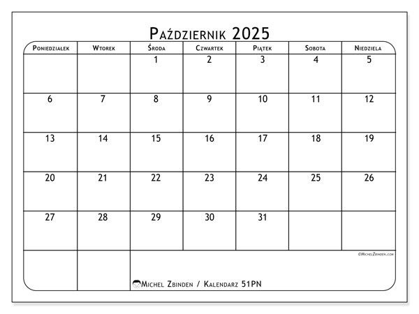 Kalendarz do druku, październik 2025, 51PN
