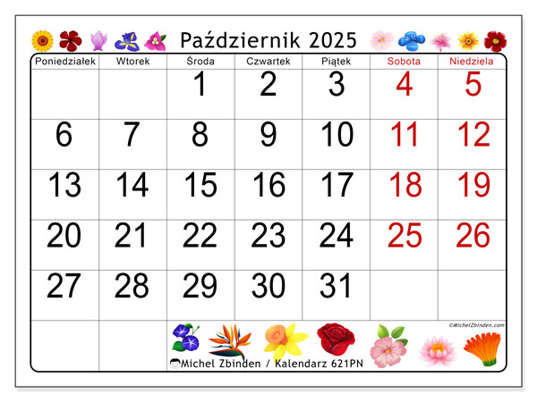 Kalendarz do druku, październik 2025, 621PN