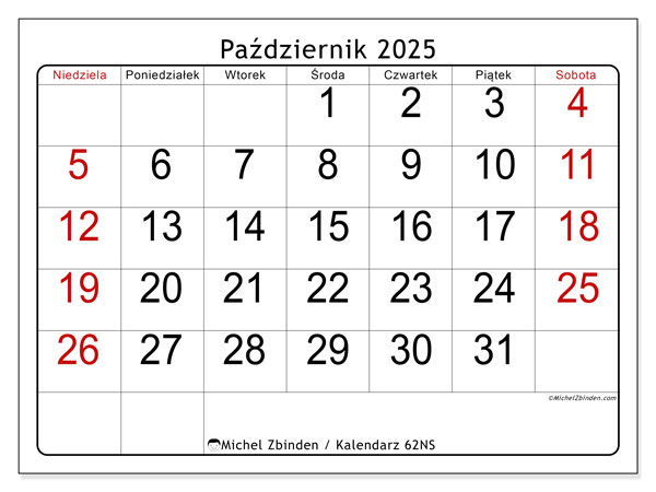 Kalendarz do druku, październik 2025, 62NS
