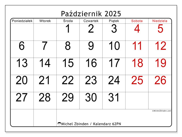 Kalendarz do druku, październik 2025, 62PN