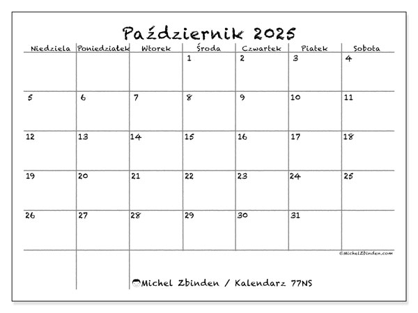 Kalendarz do druku, październik 2025, 77NS