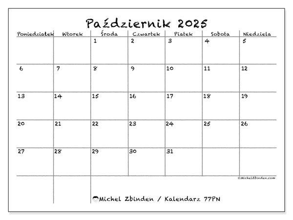 Kalendarz do druku, październik 2025, 77PN
