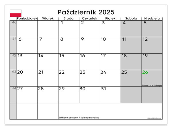 Kalender zum Ausdrucken, Oktober 2025, Polen