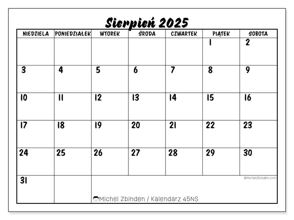 Kalendarz do druku, sierpień 2025, 45NS