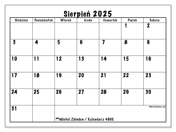 Kalendarz do druku, sierpień 2025, 48NS