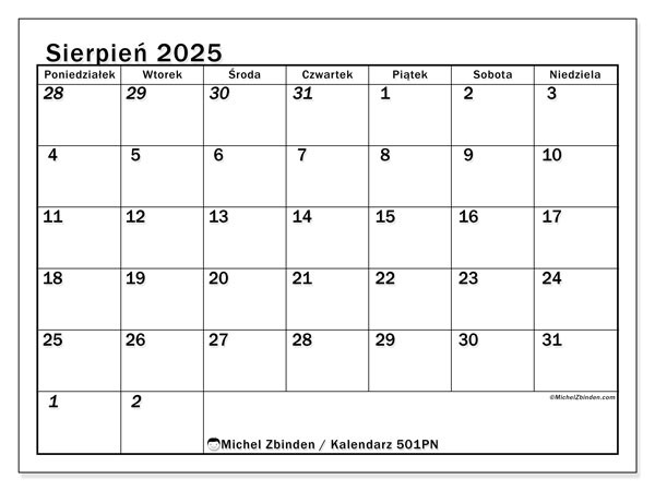 Kalendarz do druku, sierpień 2025, 501PN