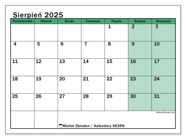 Kalendarz do druku, sierpień 2025, 503PN