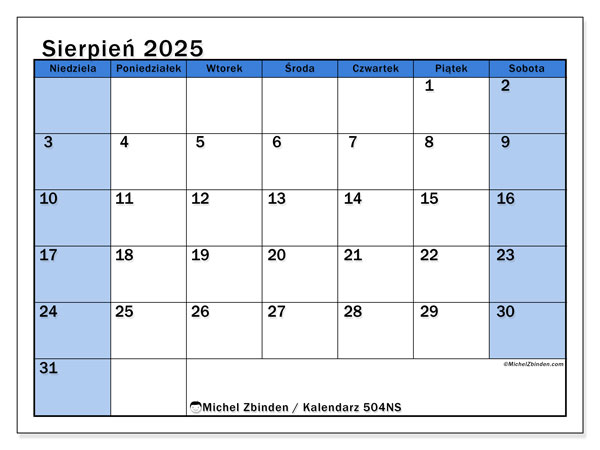 Kalendarz do druku, sierpień 2025, 504NS