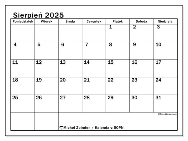 Kalendarz do druku, sierpień 2025, 50PN