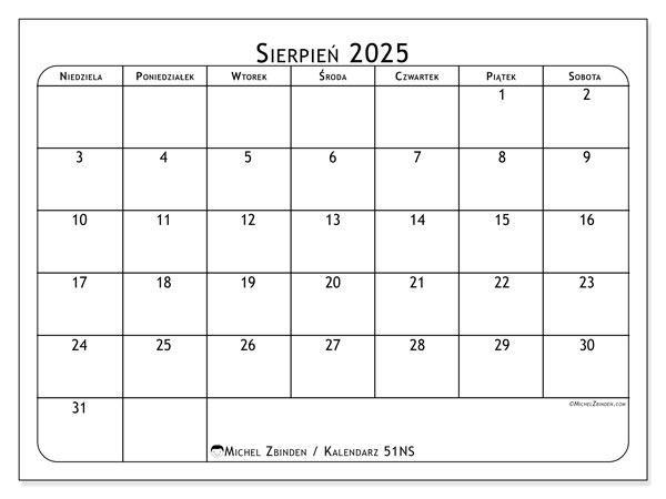 Kalendarz do druku, sierpień 2025, 51NS