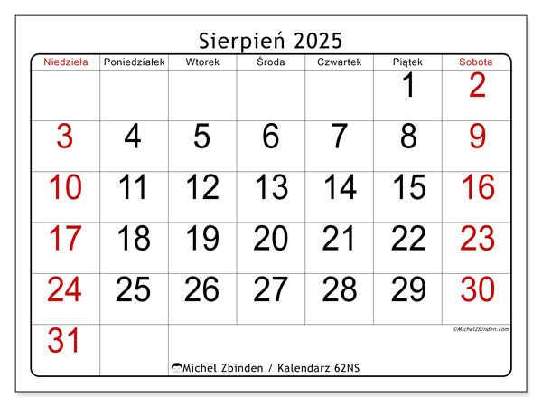 Kalendarz do druku, sierpień 2025, 62NS