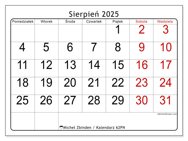 Kalendarz do druku, sierpień 2025, 62PN