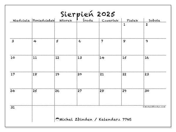 Kalendarz do druku, sierpień 2025, 77NS