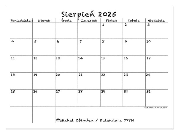 Kalendarz do druku, sierpień 2025, 77PN
