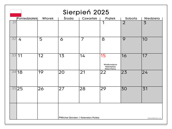 Kalendarz do druku, sierpień 2025, Polska