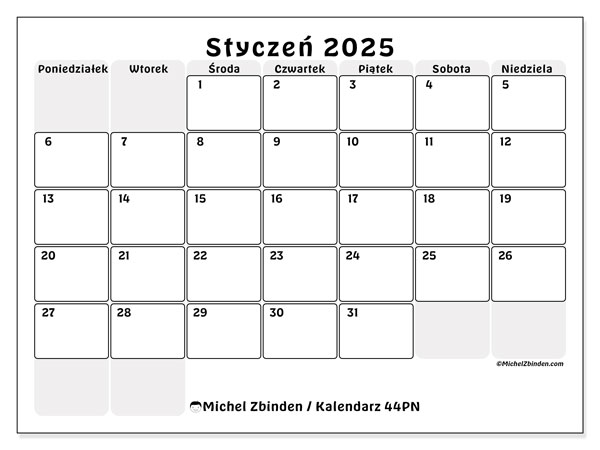 Kalendarz styczen 2025 “44”. Darmowy dziennik do druku.. Od poniedziałku do niedzieli