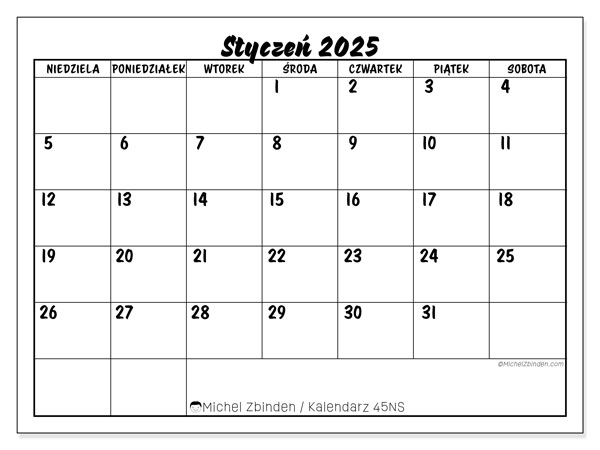 Kalendarz styczen 2025 “45”. Darmowy terminarz do druku.. Od niedzieli do soboty