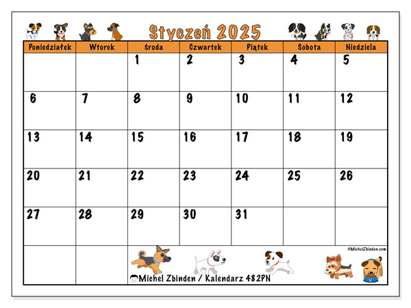 Kalendarz styczen 2025 “482”. Darmowy kalendarz do druku.. Od poniedziałku do niedzieli