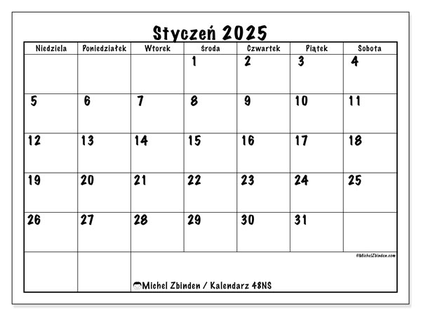 Kalendarz styczen 2025 “48”. Darmowy program do druku.. Od niedzieli do soboty