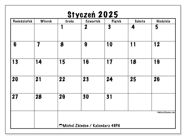 Kalendarz styczen 2025 “48”. Darmowy program do druku.. Od poniedziałku do niedzieli