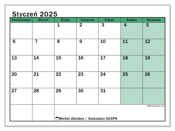 Kalendarz styczen 2025 “503”. Darmowy plan do druku.. Od poniedziałku do niedzieli