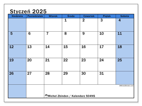Kalendarz styczen 2025 “504”. Darmowy plan do druku.. Od niedzieli do soboty
