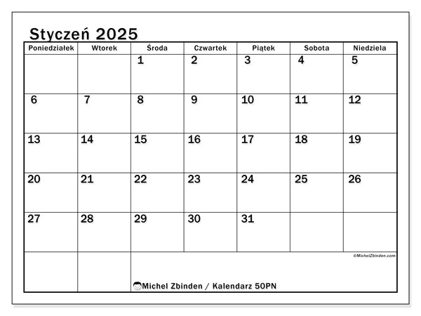 Kalendarz styczen 2025 “50”. Darmowy plan do druku.. Od poniedziałku do niedzieli