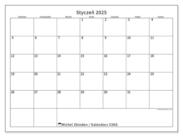 Kalendarz styczen 2025 “53”. Darmowy kalendarz do druku.. Od niedzieli do soboty