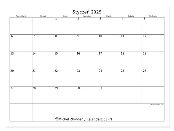 Kalendarz styczen 2025 “53”. Darmowy dziennik do druku.. Od poniedziałku do niedzieli