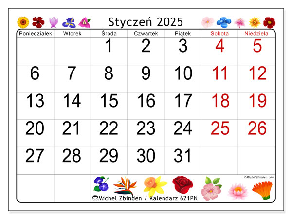 Kalendarz styczen 2025 “621”. Darmowy kalendarz do druku.. Od poniedziałku do niedzieli