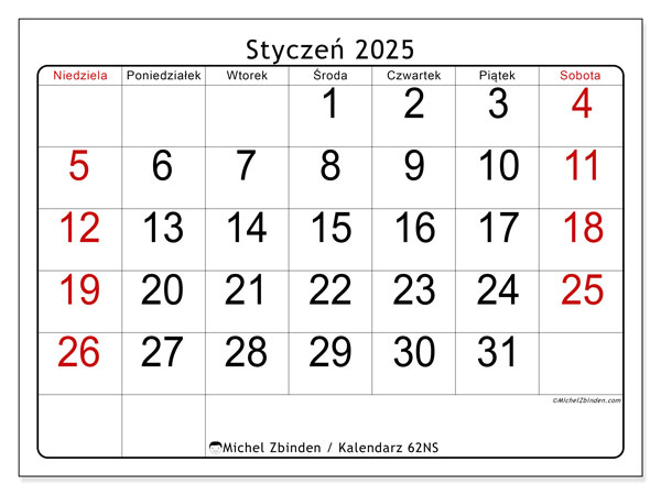 Kalendarz styczen 2025 “62”. Darmowy dziennik do druku.. Od niedzieli do soboty